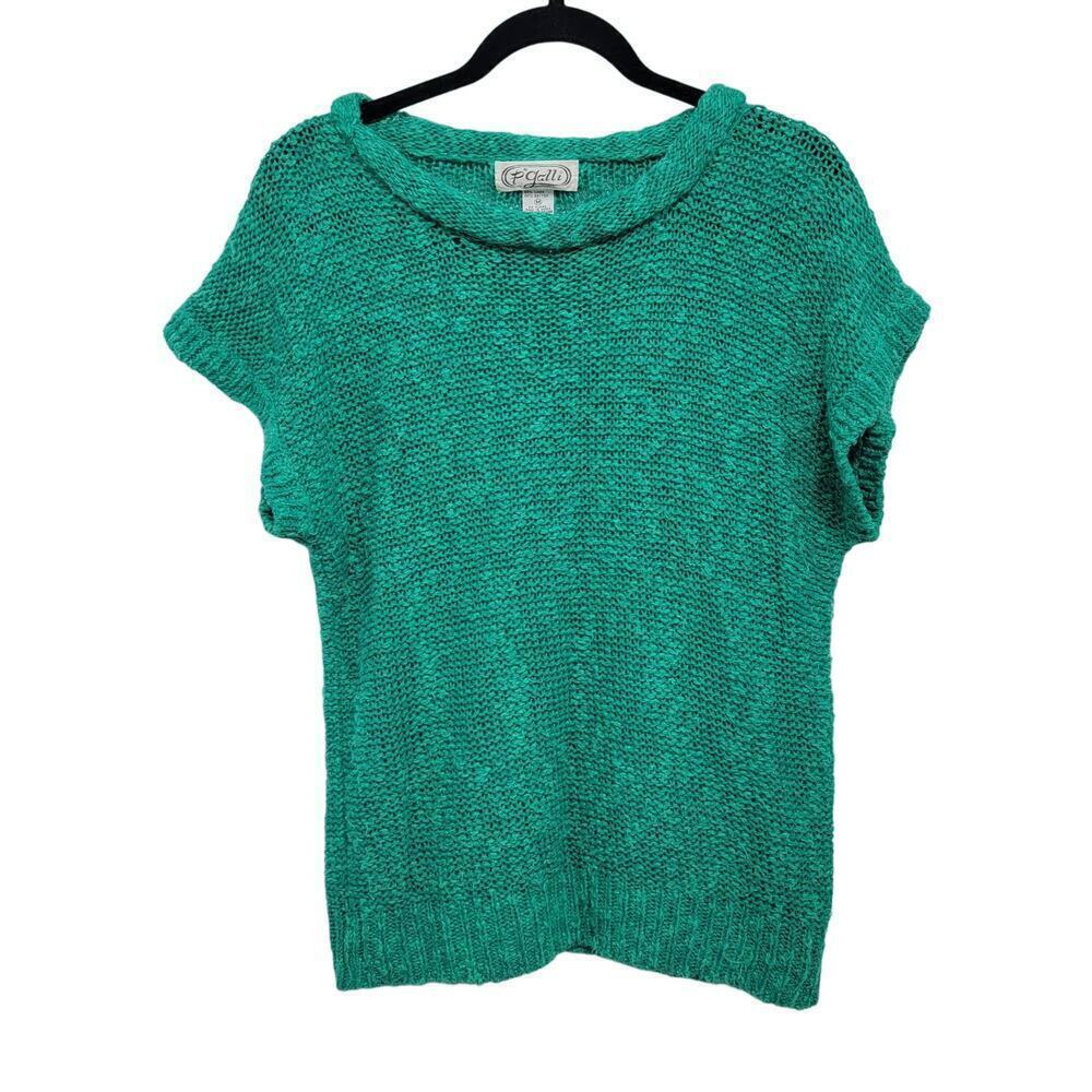 P Galli Short Sleeve Linen Blend Scoop Neck Blouse Blue Green Size M VTG
